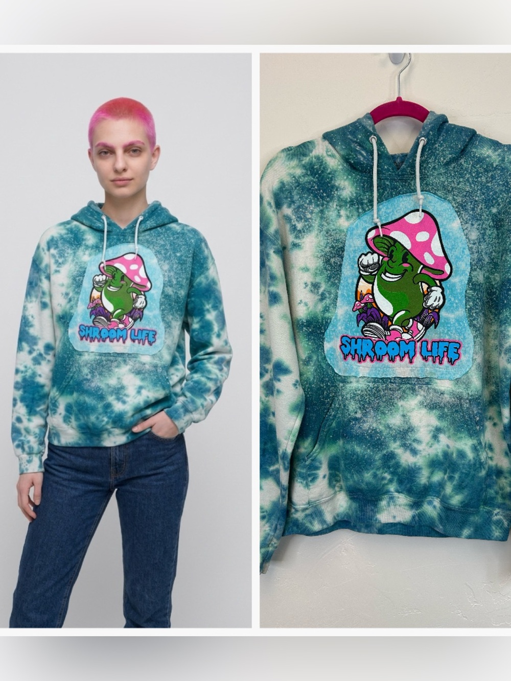 Tie-Dye‎ Shroom Life Hoodie Unisex M Colorful Mushroom Graphic Festival Skater